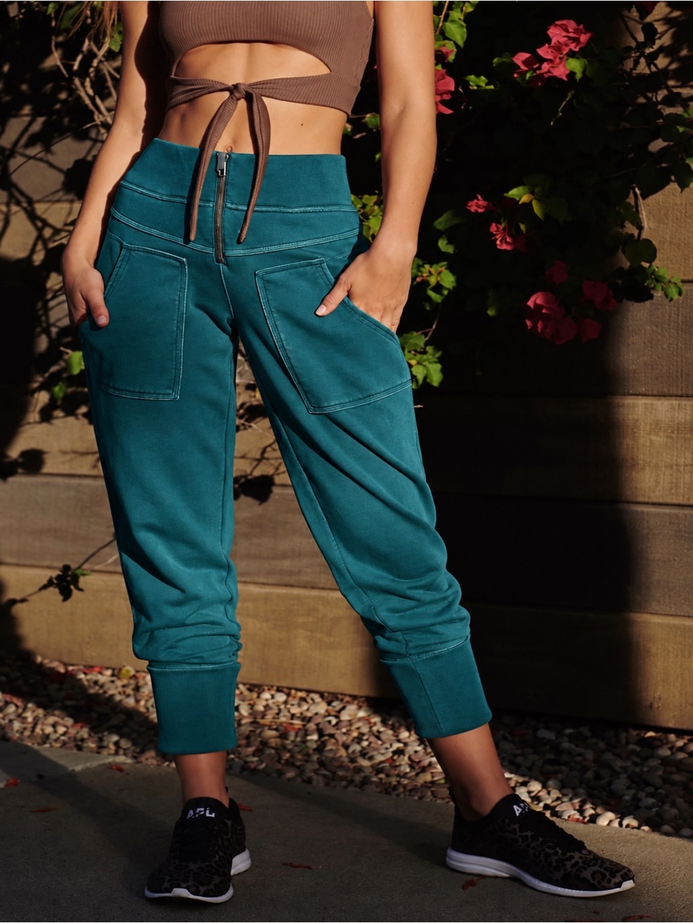 Free People FP Movement On The Road Pant S Teal High Rise Zip Front Joggers